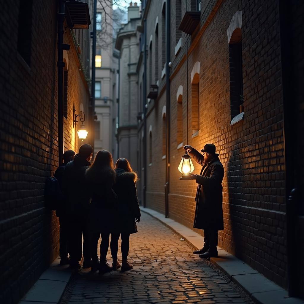 A group on a haunted Sydney ghost tour exploring The Rocks at night