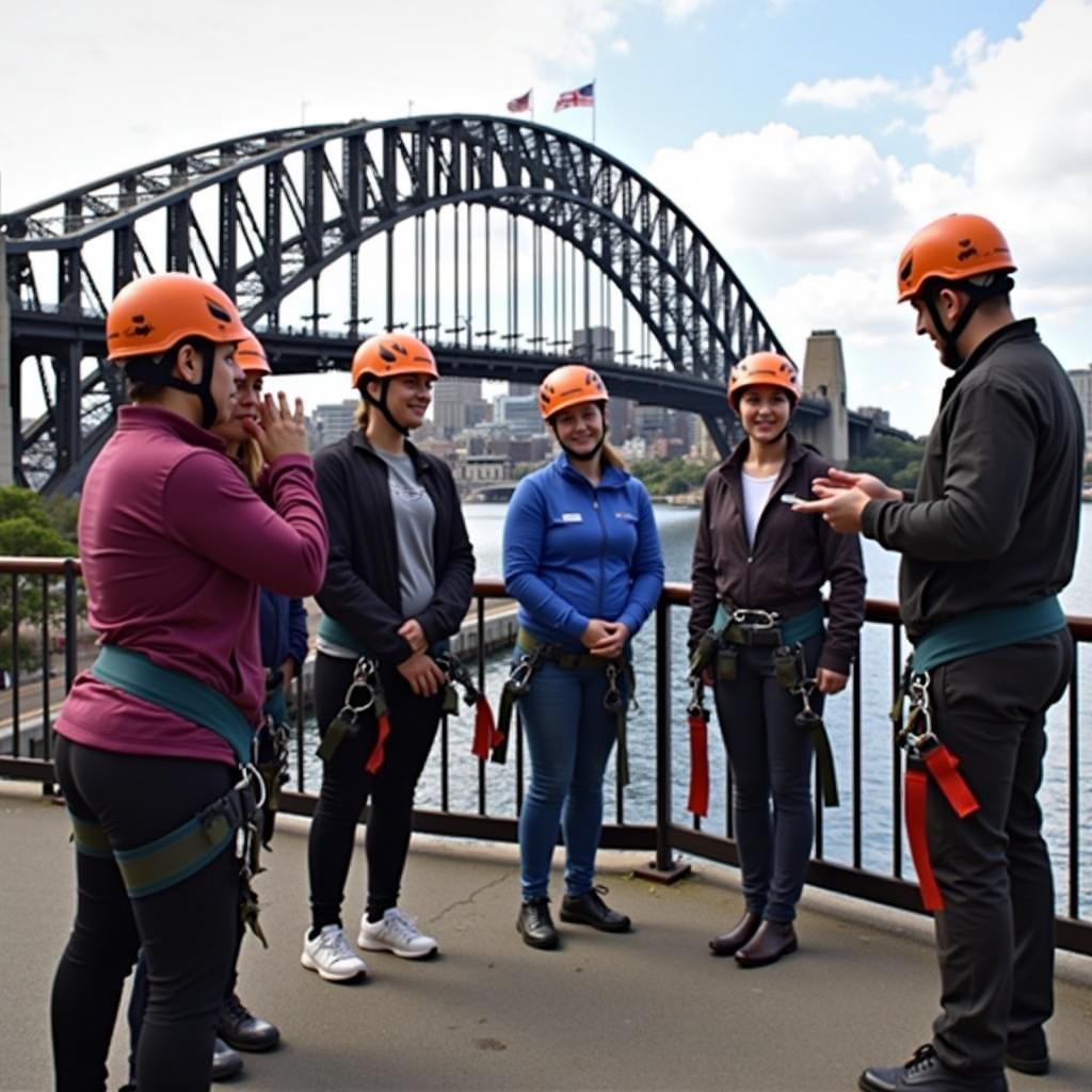 A group preparing for the Sydney Harbour Bridge Climb, being fitted with safety harnesses and listening to the guide's instructions.