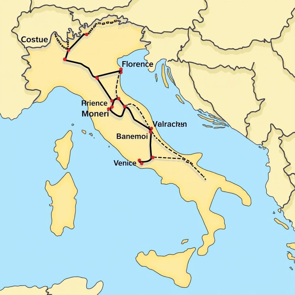 Map of a potential 10-day Italy tour route