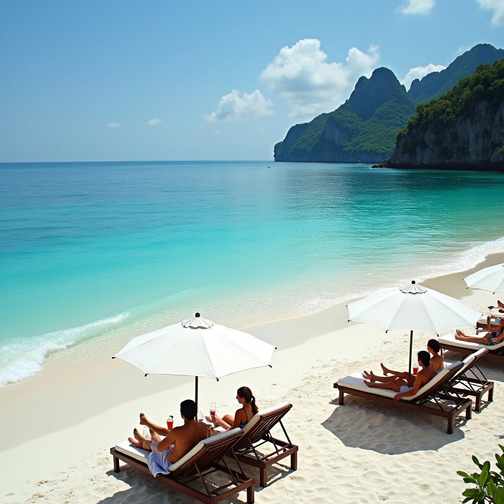 Tourists relaxing on a pristine Thai beach enjoying the serene atmosphere.