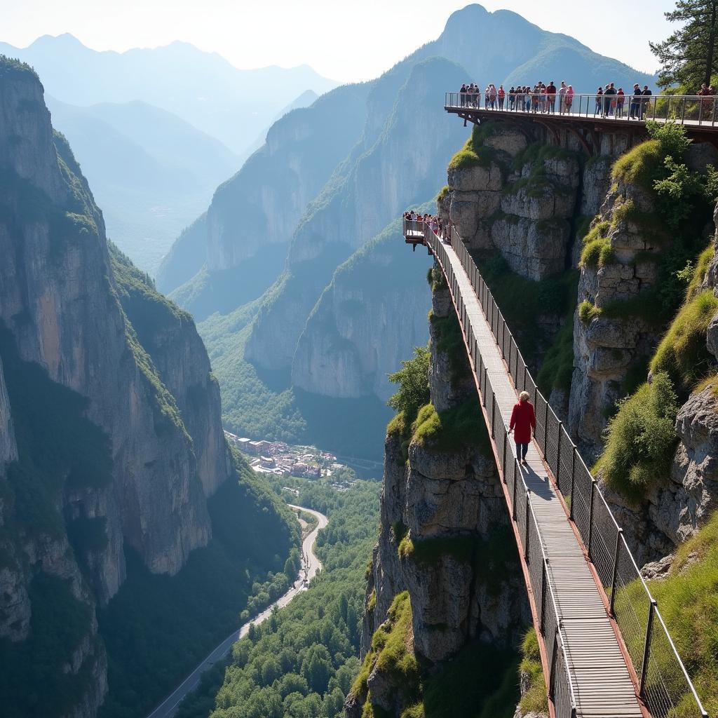 Tourist walking on the Titlis Cliff Walk suspension bridge.