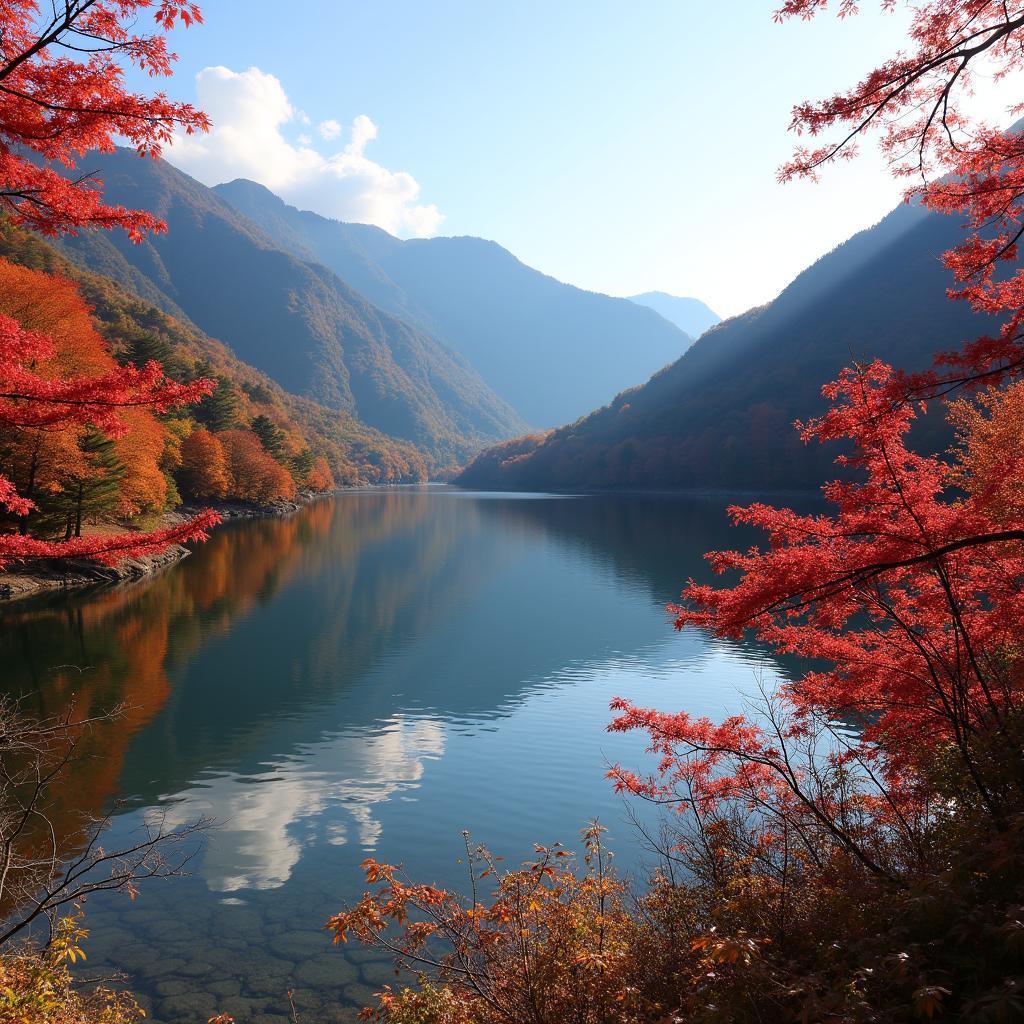 Lake Towada in Tohoku, Japan, surrounded by vibrant autumn foliage.