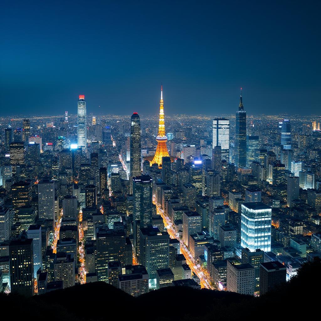 Tokyo cityscape at night, vibrant and bustling.