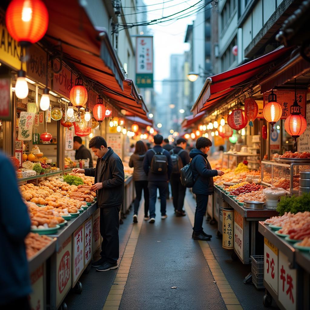 Bustling Tokyo Market with Street Food Vendors