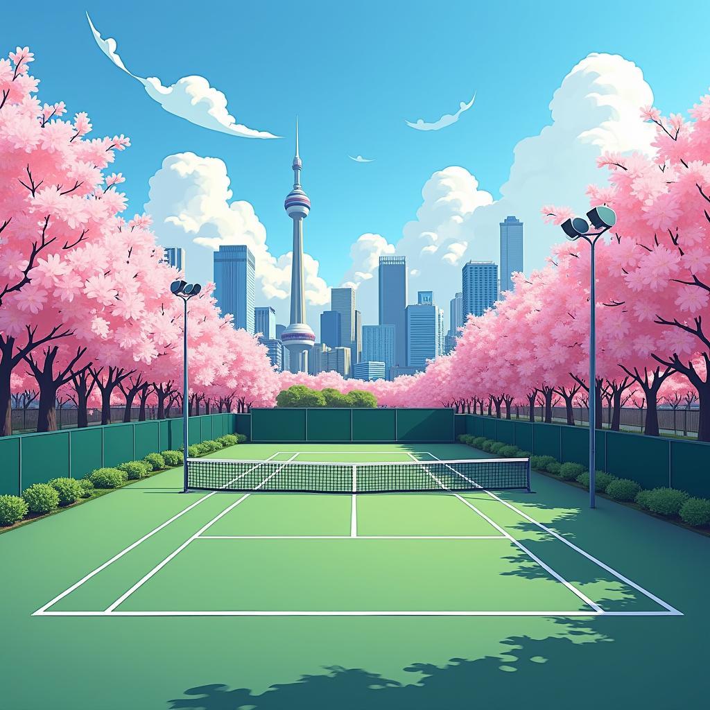 Tennis court in Tokyo with a backdrop of cherry blossoms, inspired by the ATP Tour Finals.