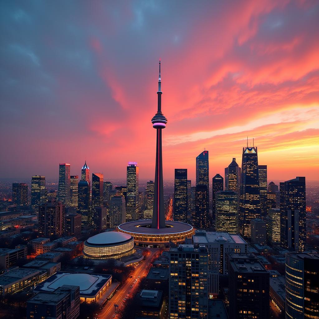 Panoramic view of Toronto skyline at sunset