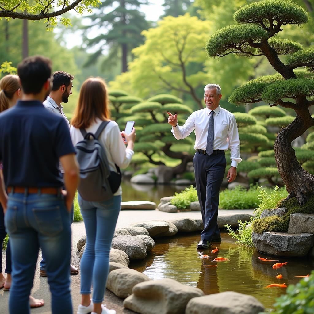 Tour guide leading a group through a traditional Japanese garden