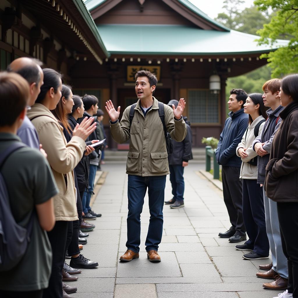 Tour coordinator explaining Japanese customs to a group of tourists