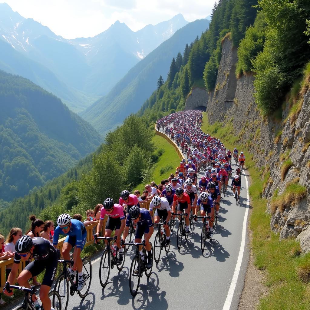 Cyclists in the peloton navigate a challenging mountain stage during the Tour de France.