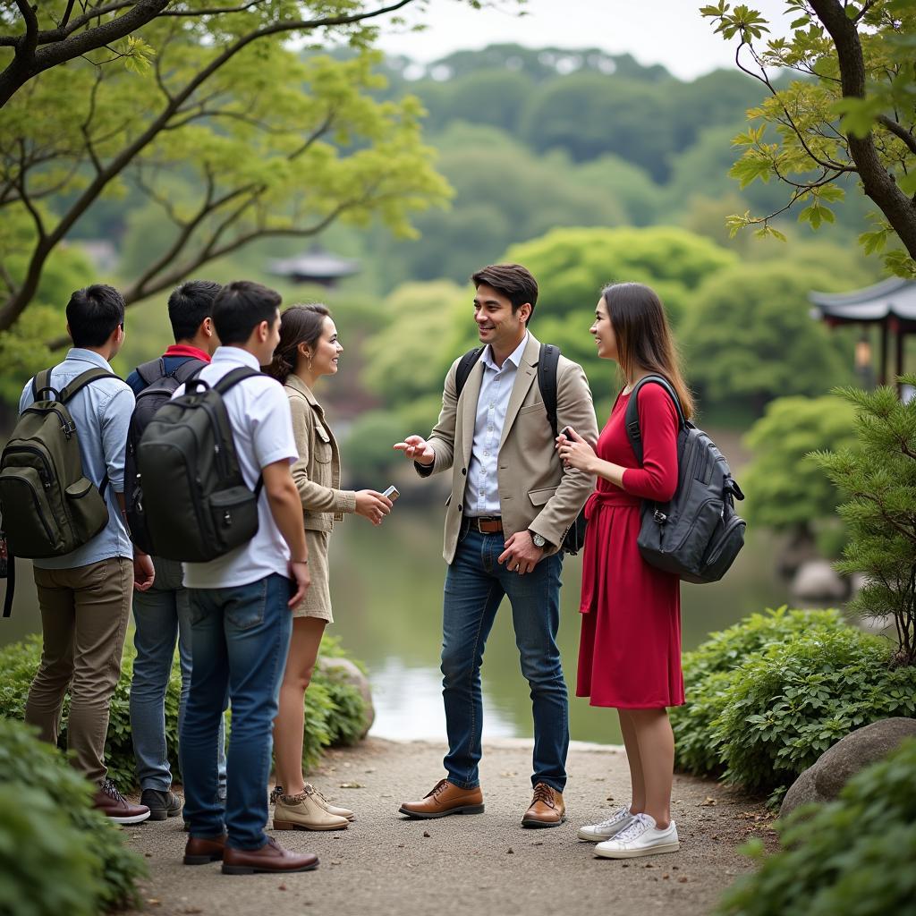 A tour guide interacting with tourists in a traditional garden