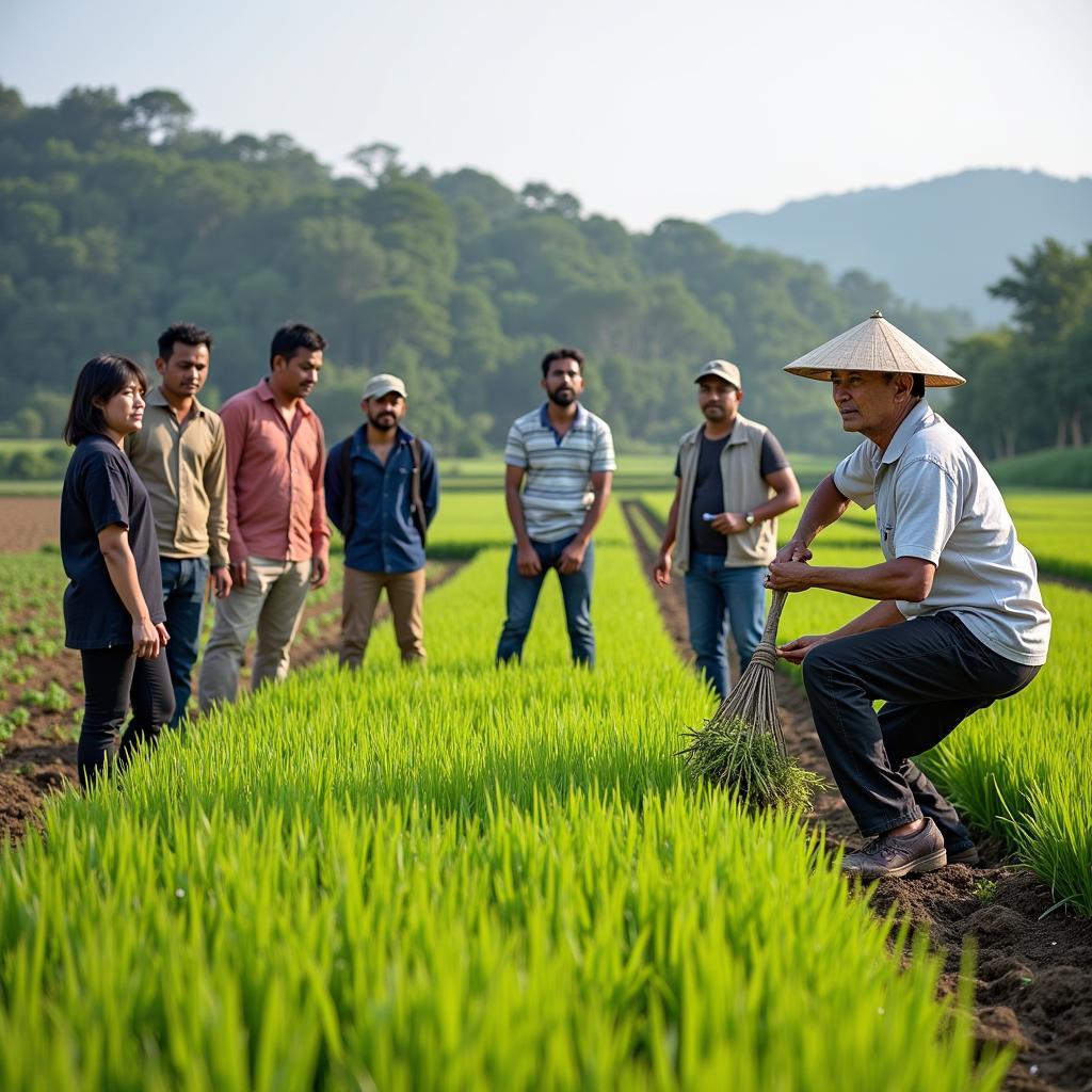 Demonstration of traditional Japanese farming techniques to tourists from Delhi.