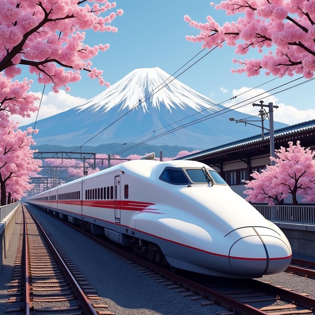 A scenic view of Mount Fuji with a bullet train passing in the foreground, showcasing the beauty of Japanese landscapes and the efficiency of its transportation system.