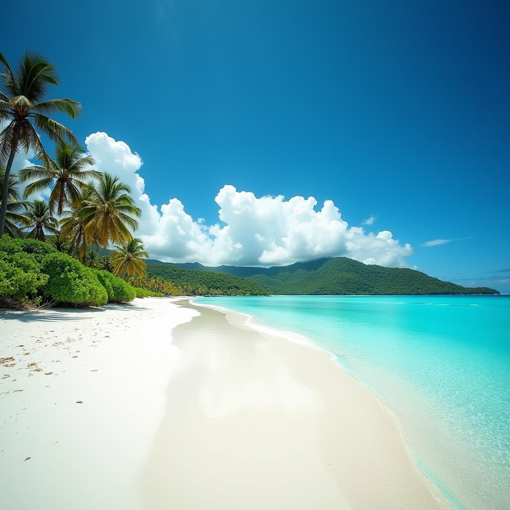 Pristine Beach with Palm Trees on a Tropical Island