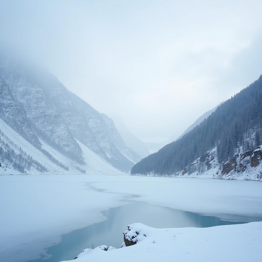 Frozen Tsomgo Lake in Sikkim during winter with snow-covered mountains in the background