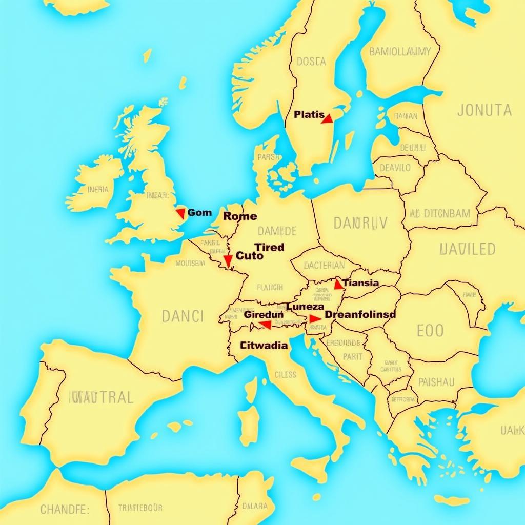 Map of a potential 20-day Europe tour, highlighting major cities and routes.