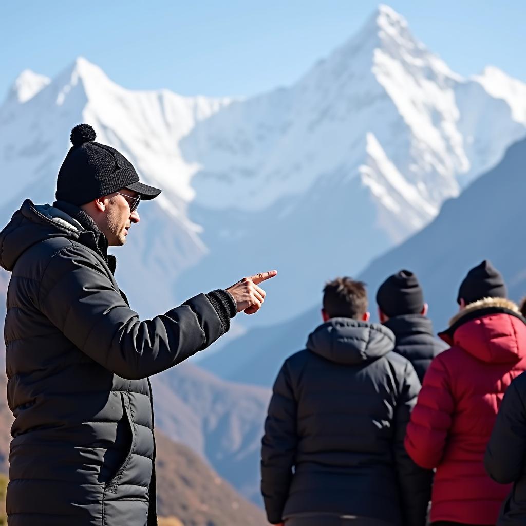 Uttarakhand tour guide pointing towards snow-capped Himalayan peaks