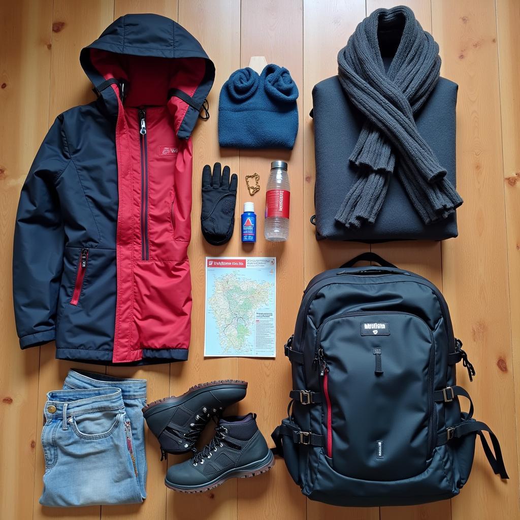 Travel preparation for Uttarakhand showing essential packing items like warm clothes, hiking boots, and a first-aid kit.