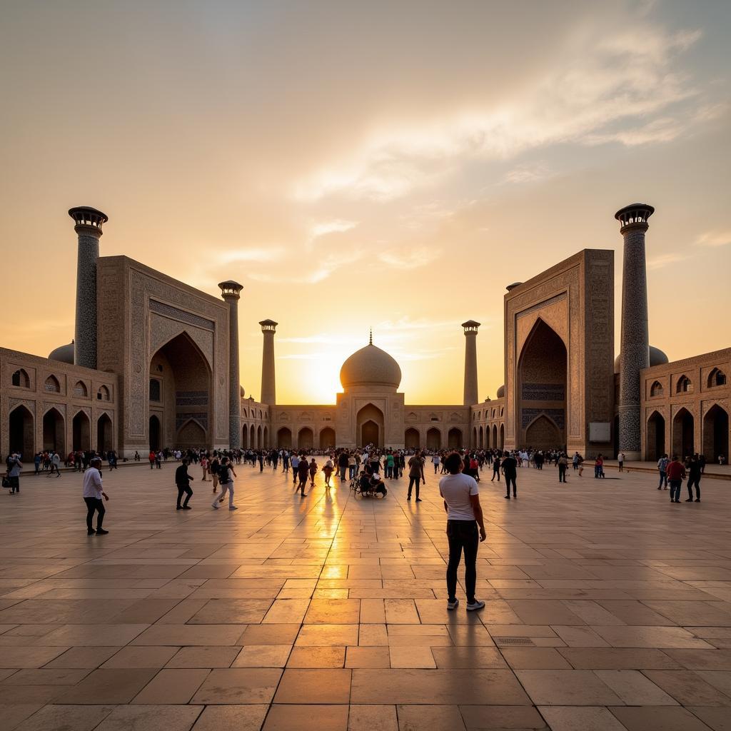 Samarkand's Registan Square at sunset, with vibrant colors illuminating the intricate tilework and majestic architecture.