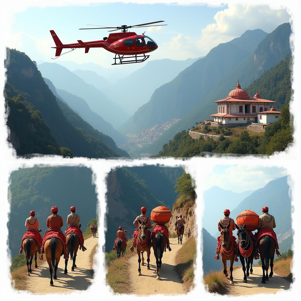 Various transportation methods for the Vaishno Devi Yatra, including helicopters, ponies, and palanquins