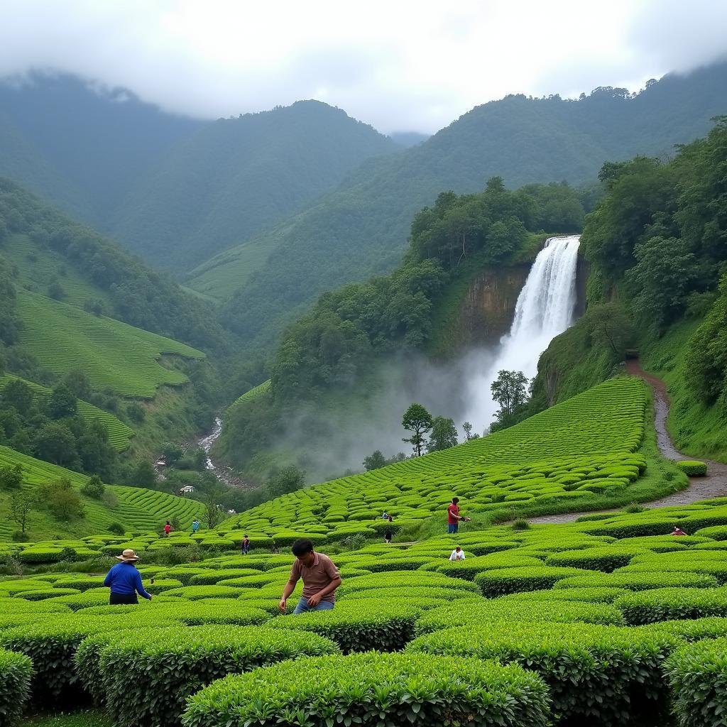 Tea plantations and waterfall in Valparai