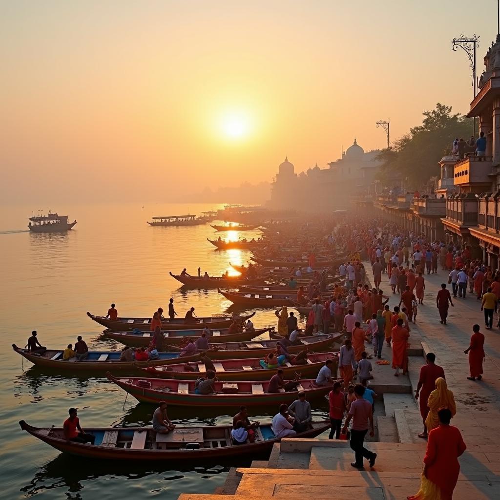 Sunrise over the Varanasi ghats during a tour from Ahmedabad