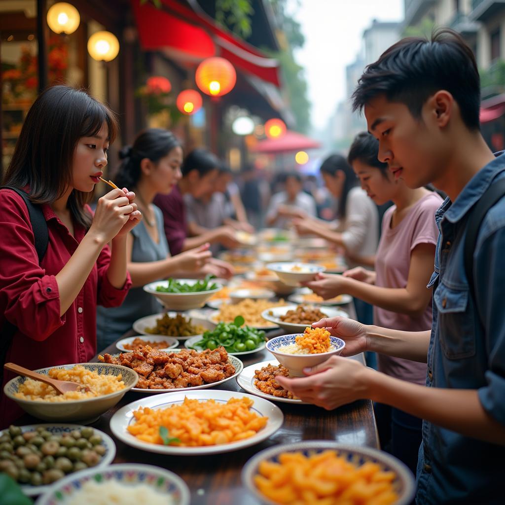 Exploring vibrant street food scene during a 4d3n Vietnam tour in Hanoi