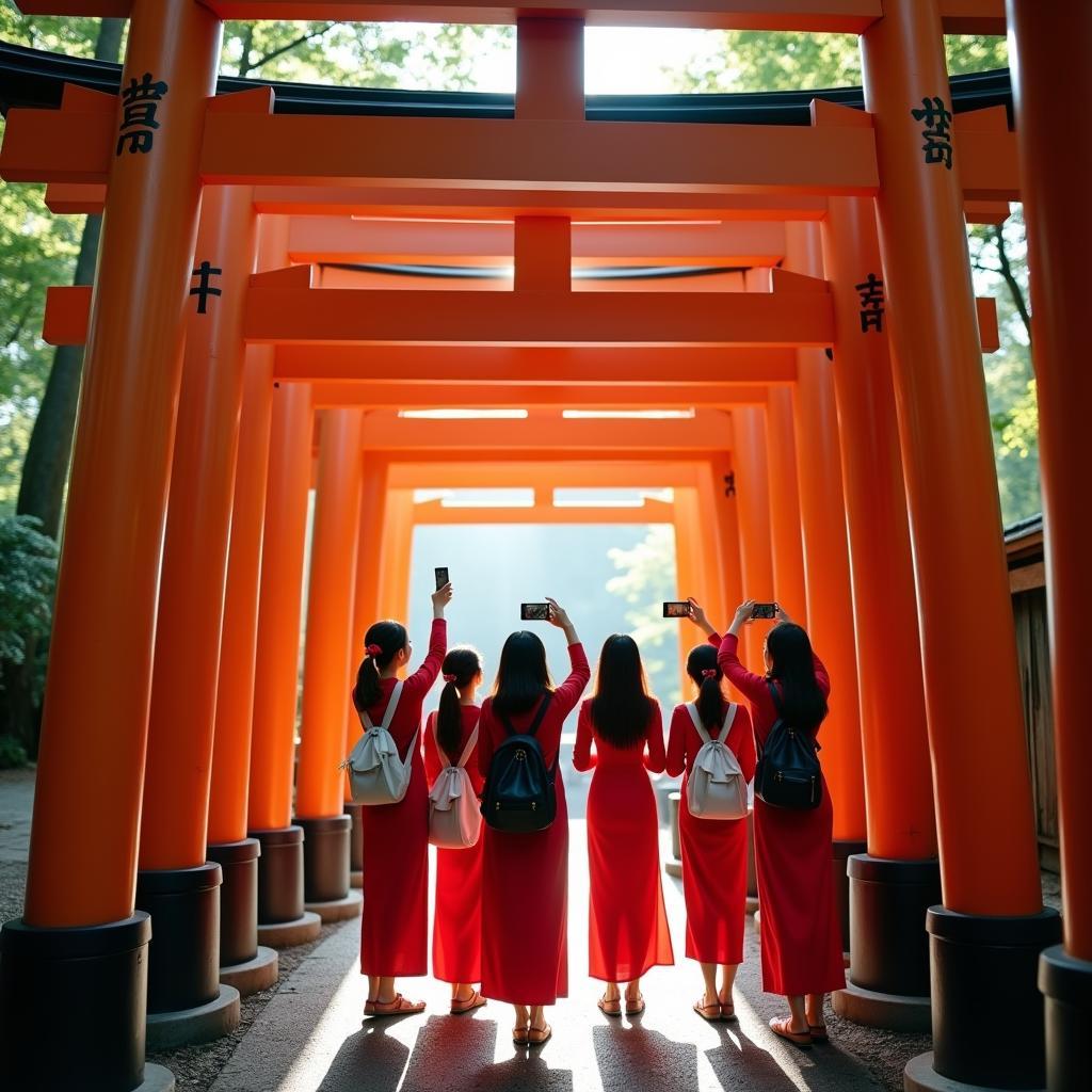 Group of Vietnamese tourists exploring Fushimi Inari Shrine in Kyoto