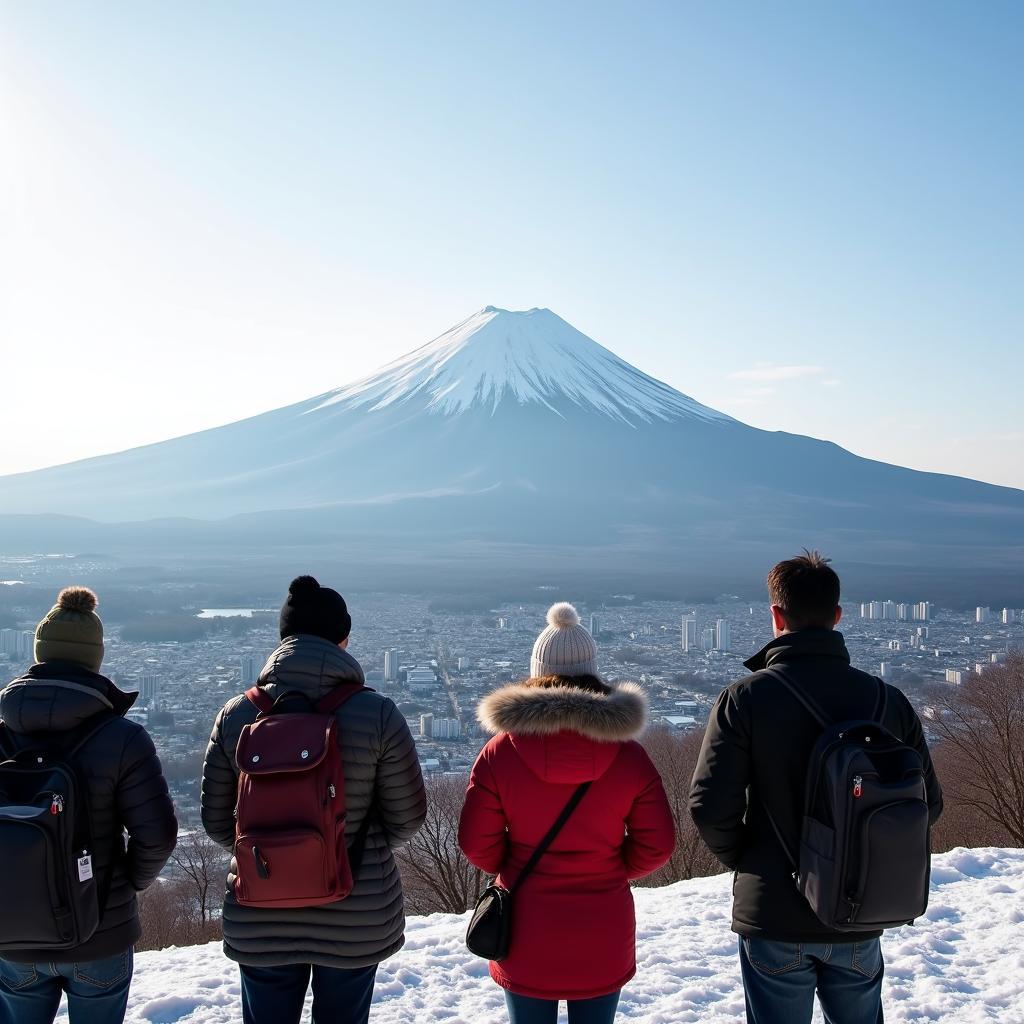 Vietnamese tourists admiring Mount Fuji