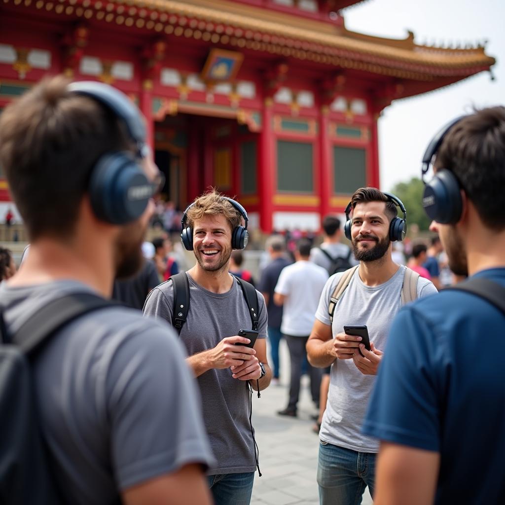 Tourists using a wireless audio tour guide system at a crowded Japanese temple.