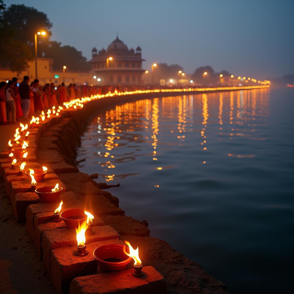 Evening aarti ceremony at the Yamuna River ghats in Mathura, a spiritual experience.