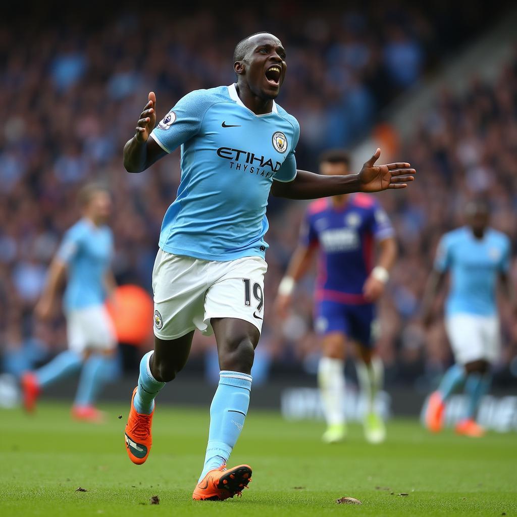 Yaya Toure celebrating a goal in a Manchester City jersey, highlighting his iconic status at the club.