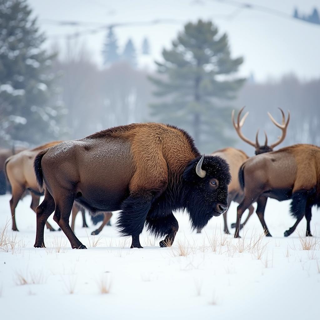 Bison and elk navigating the snowy terrain of Yellowstone National Park in winter.