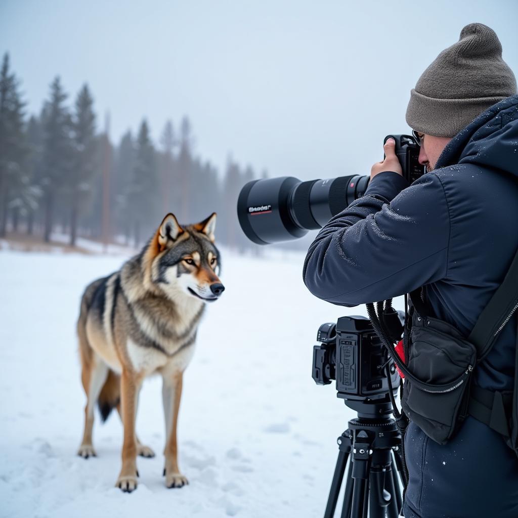 A photographer capturing a close-up image of a wolf in Yellowstone using a telephoto lens.