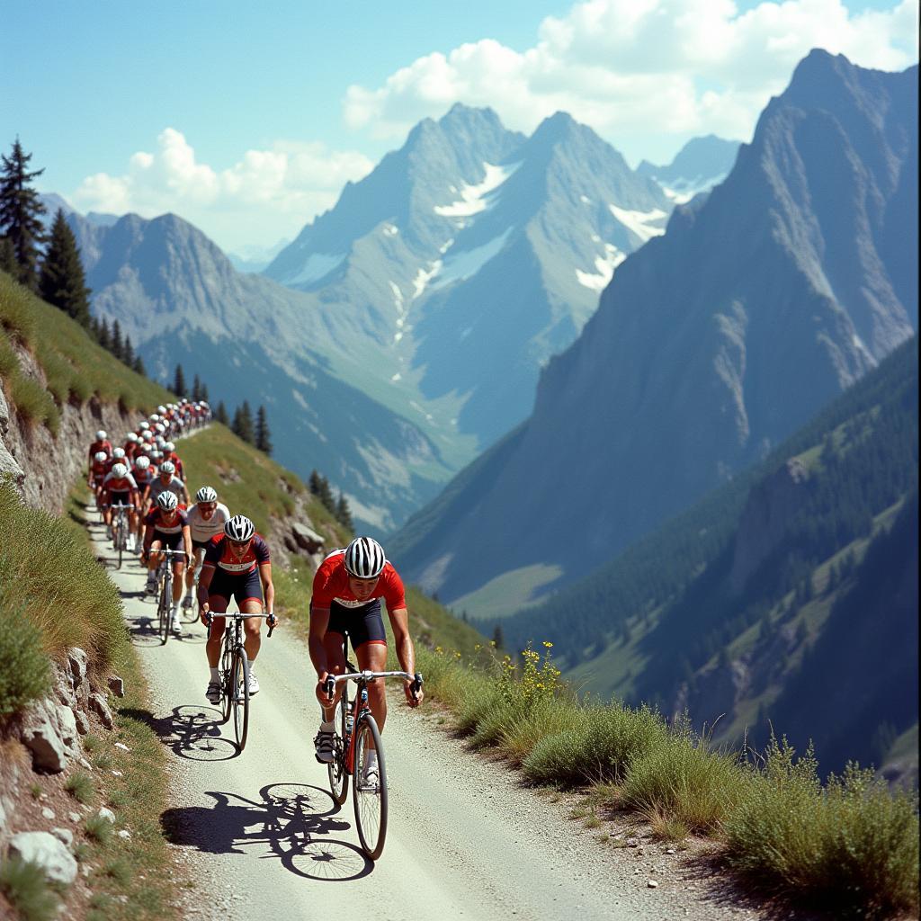 Cyclists tackling a mountain stage during the 1974 Tour de France