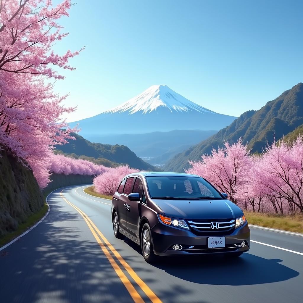 2014 Honda Odyssey Touring driving on a scenic Japanese road with Mount Fuji in the background