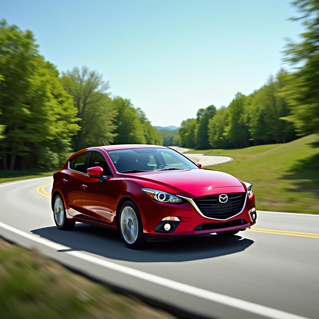 2014 Mazda 3 Grand Touring Hatchback exhibiting its impressive handling capabilities on a winding road.