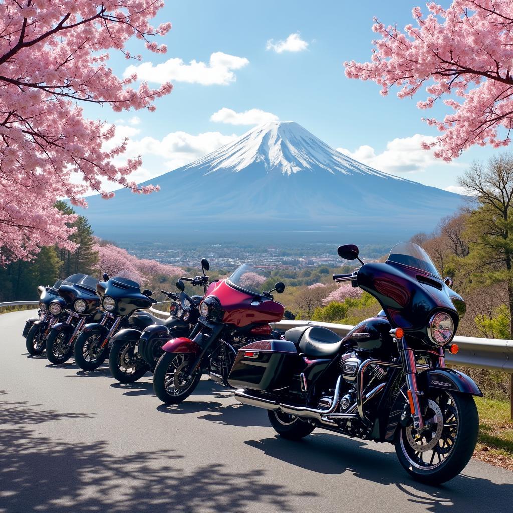 2018 Harley Davidson touring bikes on a scenic Japanese road