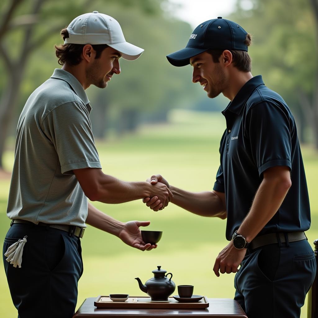 Japanese Hospitality and Golf Sportsmanship: Two golfers shaking hands after a match, alongside a scene of a traditional Japanese tea ceremony. The image highlights the shared emphasis on respect and courtesy.