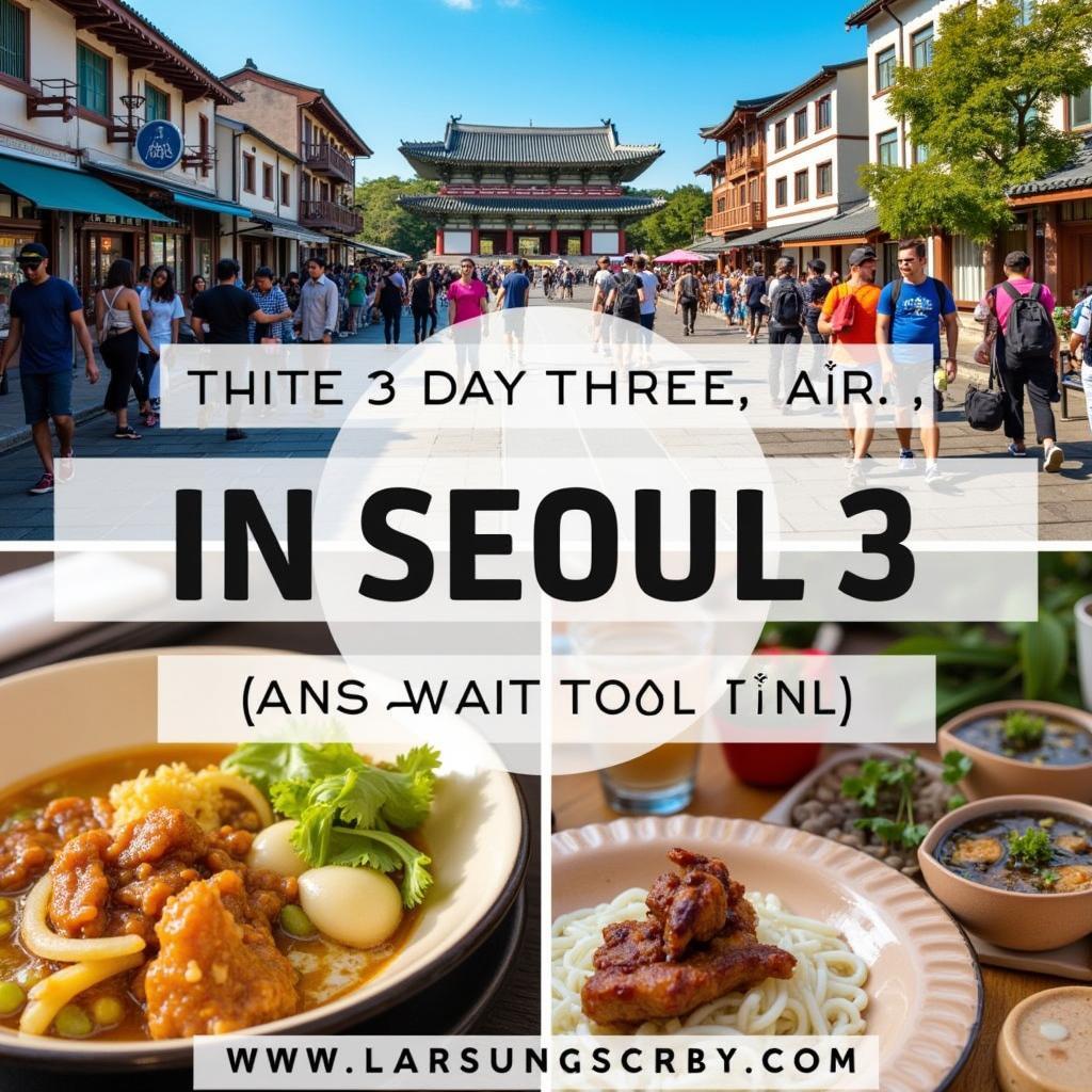 A captivating collage showcasing the highlights of a 3-day Seoul itinerary, featuring iconic landmarks like Gyeongbokgung Palace, bustling street food markets, and the vibrant Myeongdong shopping district.