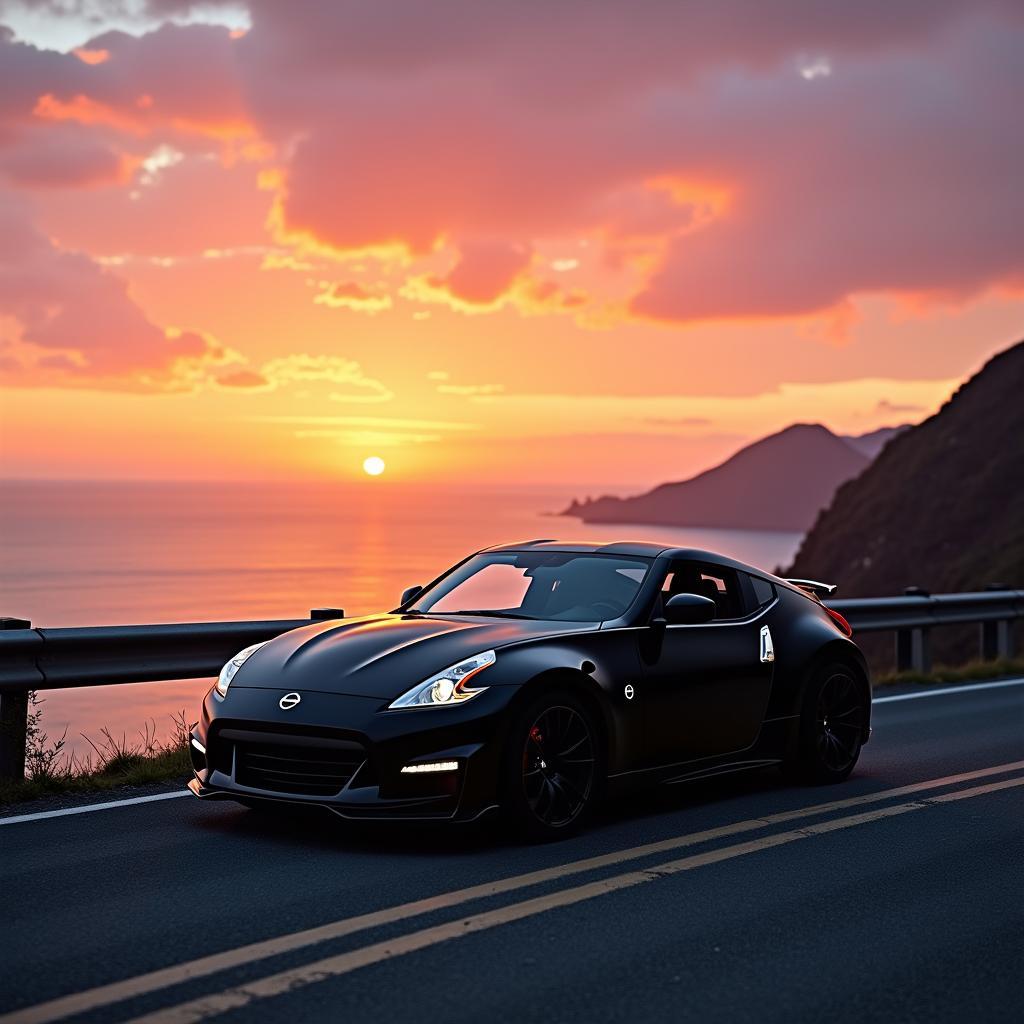 370z Touring Sport Coupe on a coastal highway at sunset in Japan