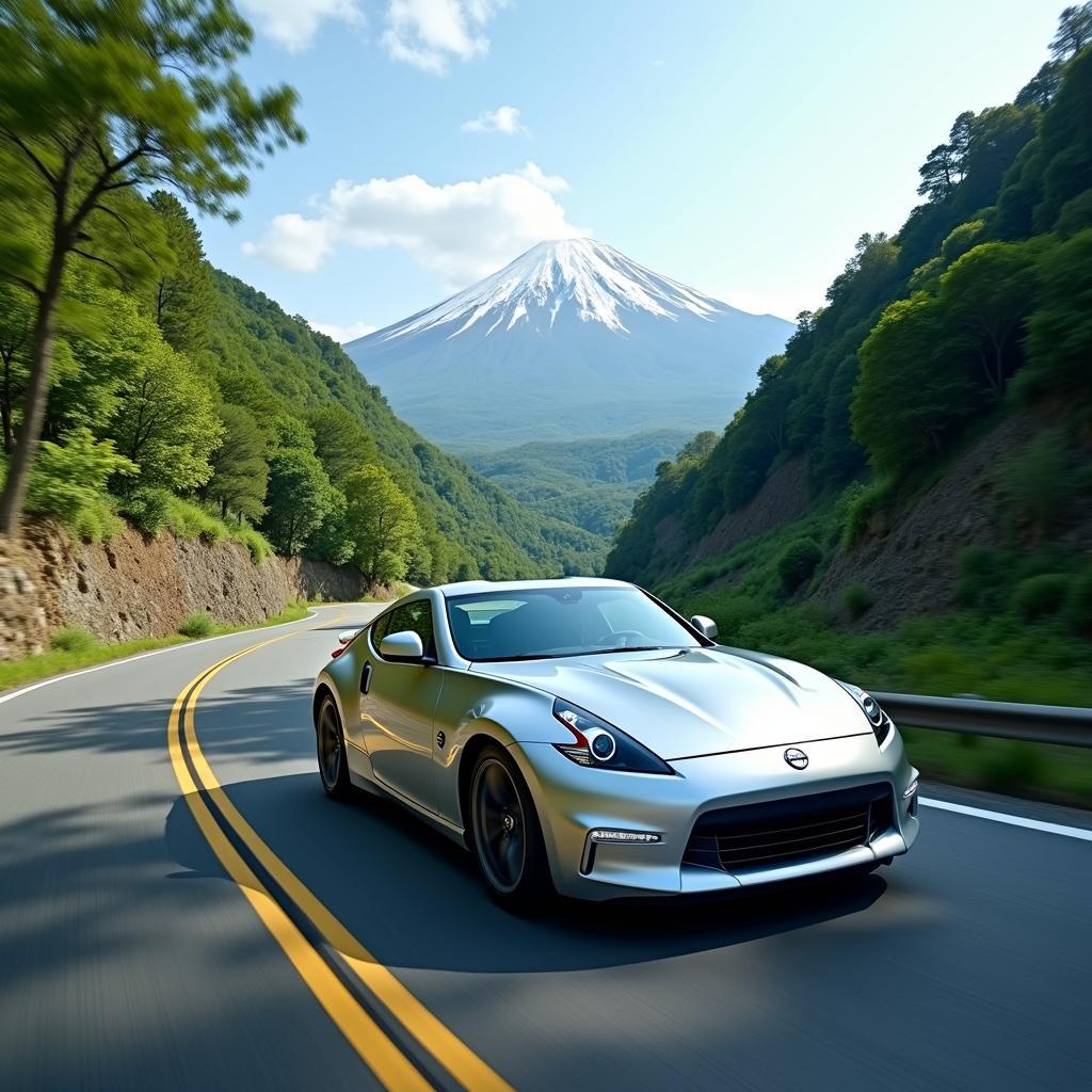 370z Touring Sport Coupe navigating a winding mountain road in Japan