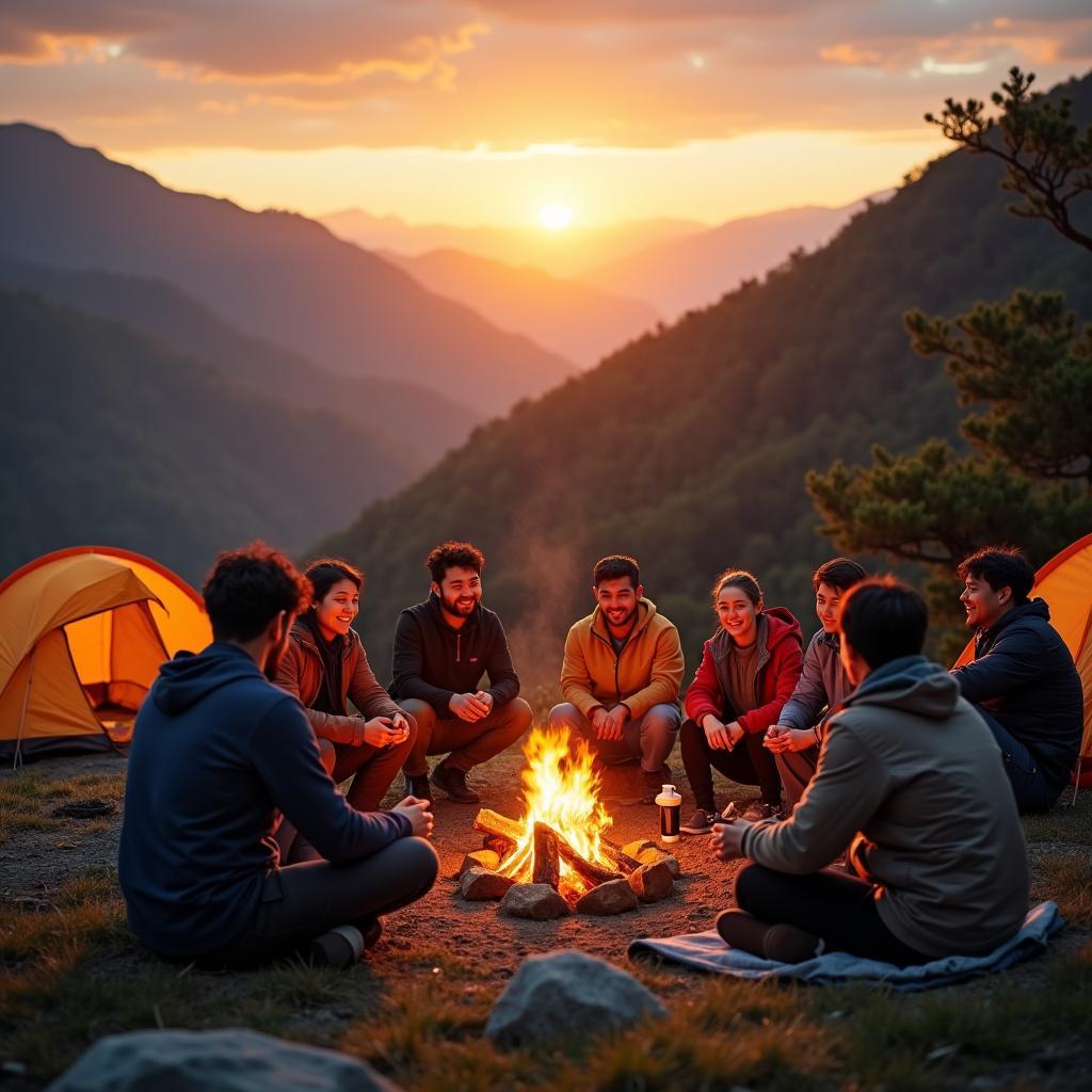 Group of people gathered around a campfire at a campsite in Japan, enjoying the sunset after a 4WD adventure.