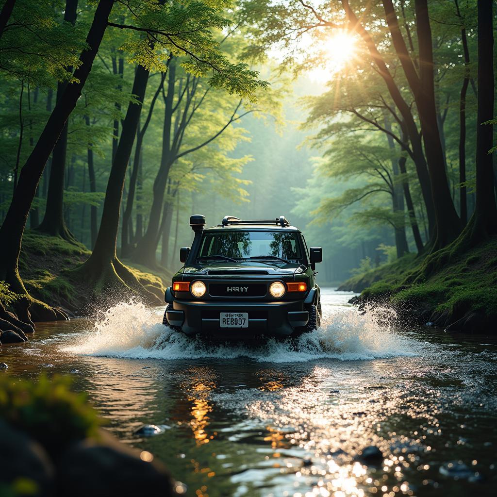 4WD vehicle crossing a river in a Japanese forest, demonstrating the adventurous nature of the tour.