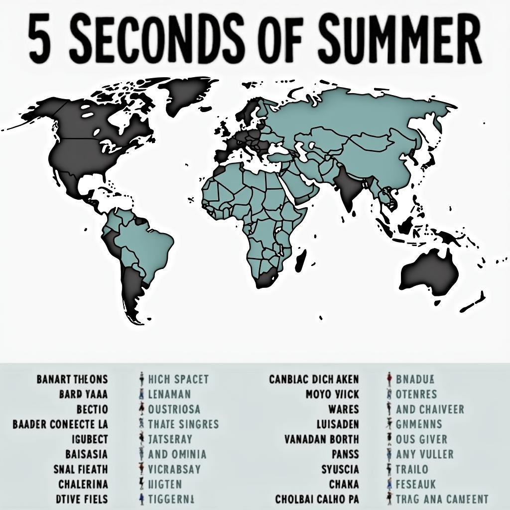 A world map highlighting the countries visited by 5 Seconds of Summer during their 2016 tour, showcasing the global reach and impact of their music.