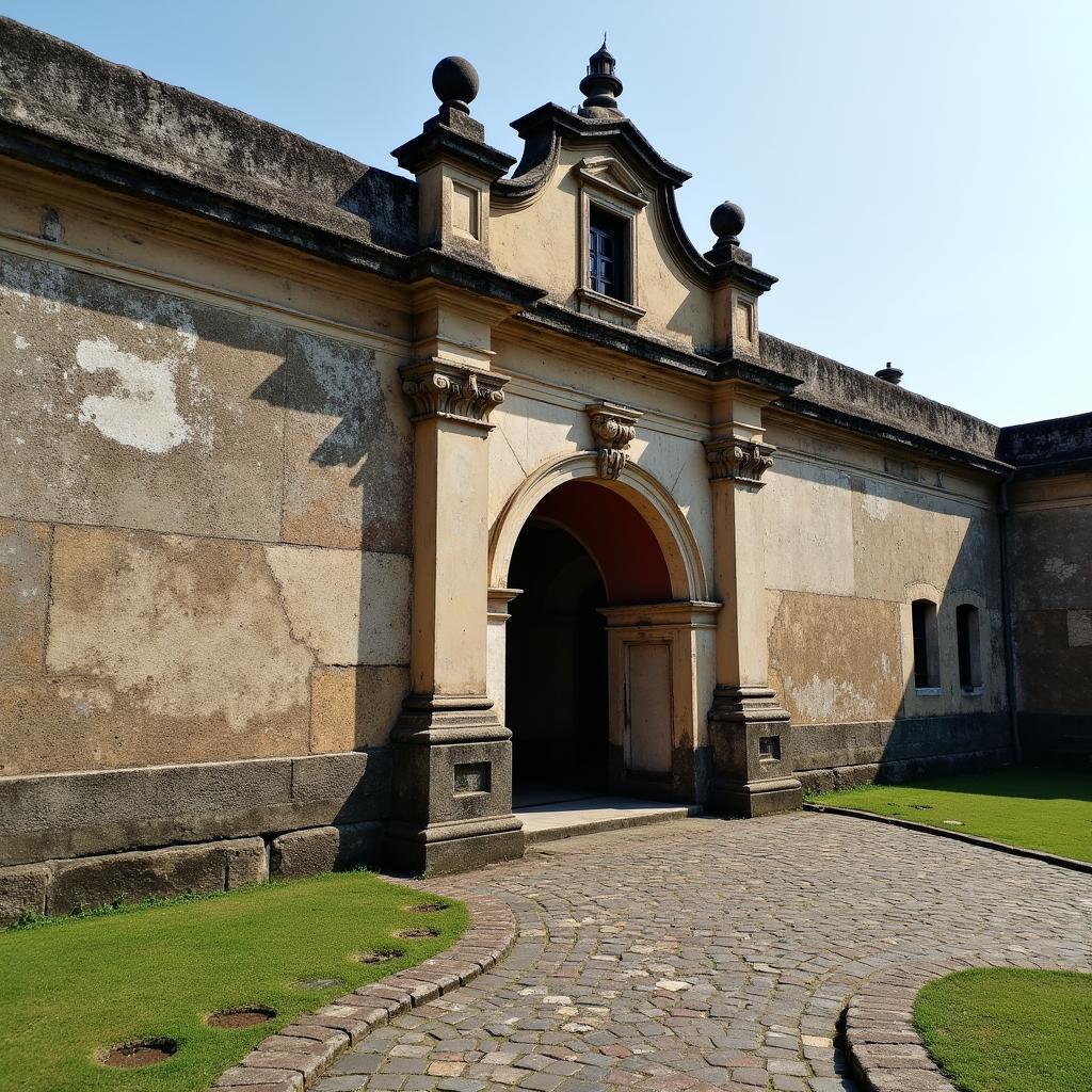 A close-up view of the Porta de Santiago gate at A Famosa, highlighting its historical architecture.