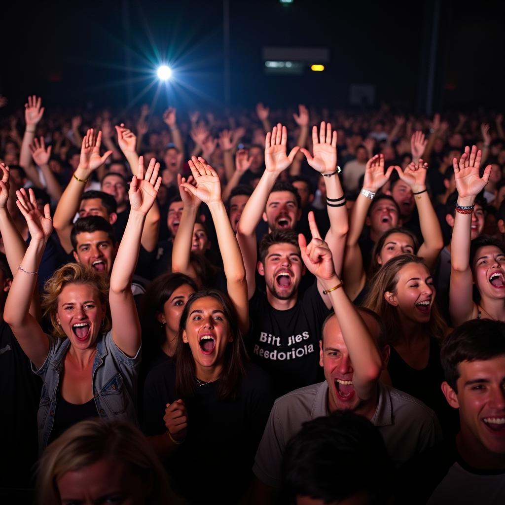 Fans cheering at a hypothetical A Flock of Seagulls concert in 2020