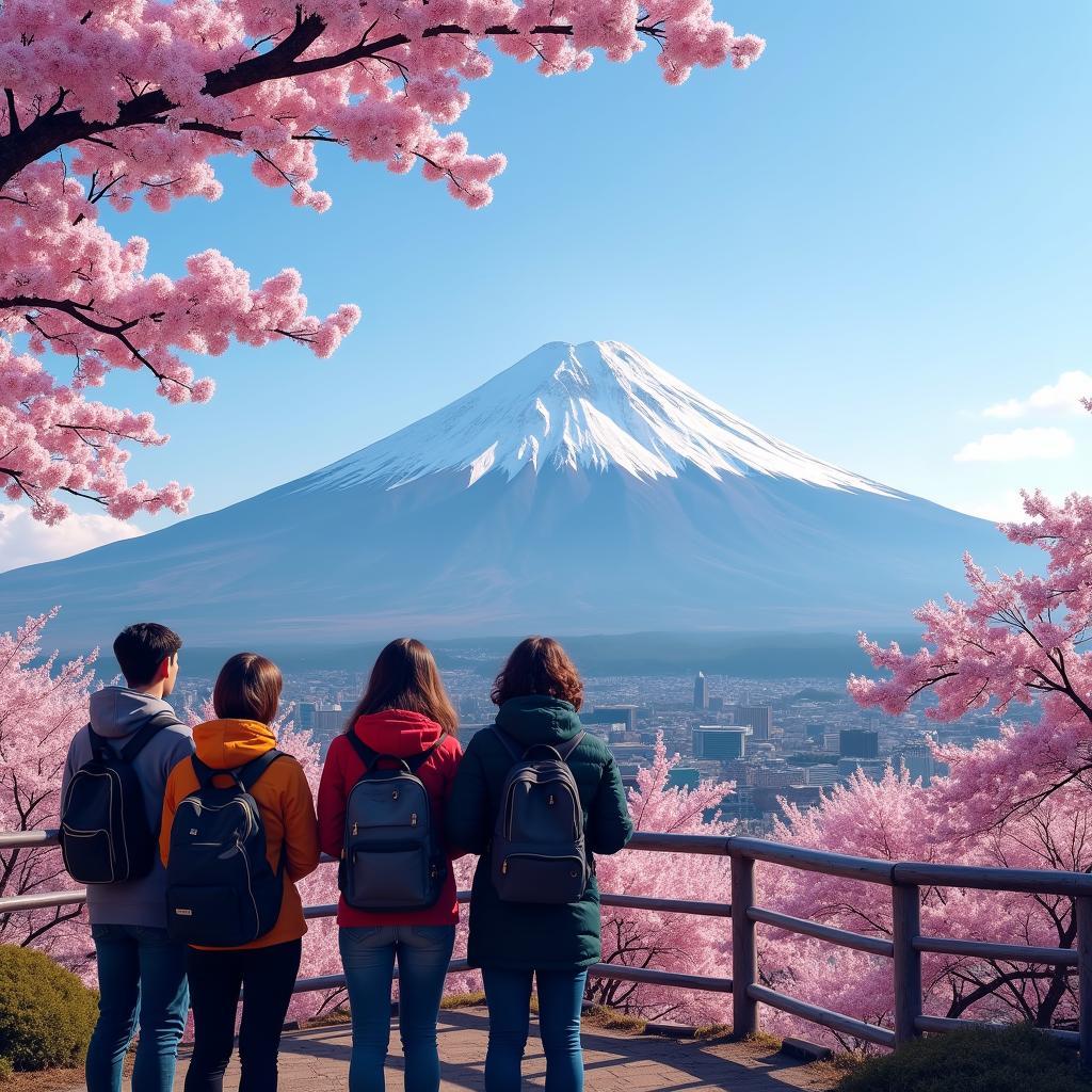 Travelers admiring Mount Fuji with cherry blossoms in the foreground during an Abercrombie and Kent tour.