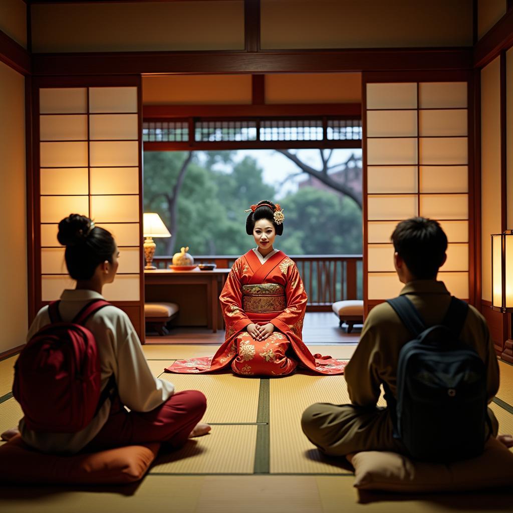 Guests enjoying a private geisha performance in a traditional Kyoto setting during an Abercrombie and Kent tour.