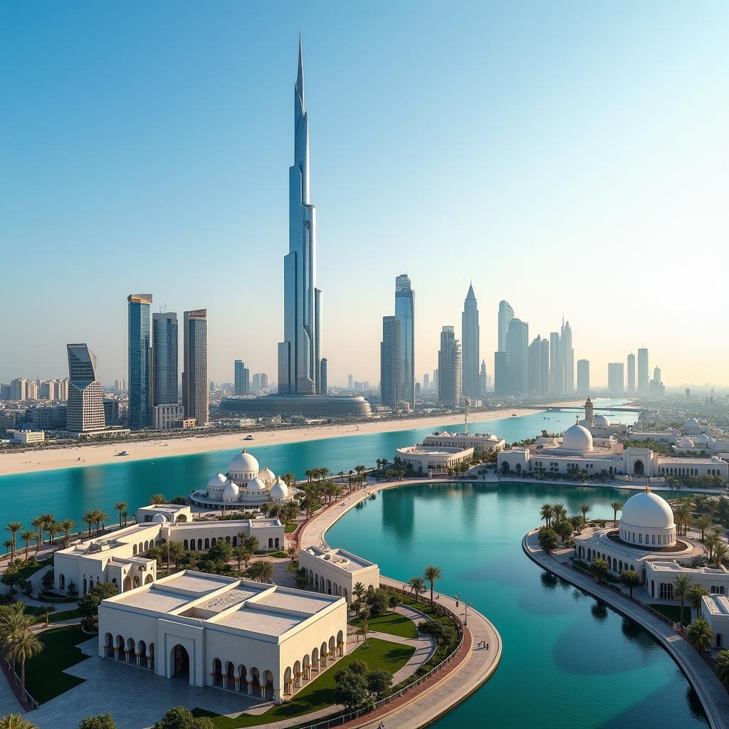 Panoramic view of Abu Dhabi city skyline with prominent landmarks.