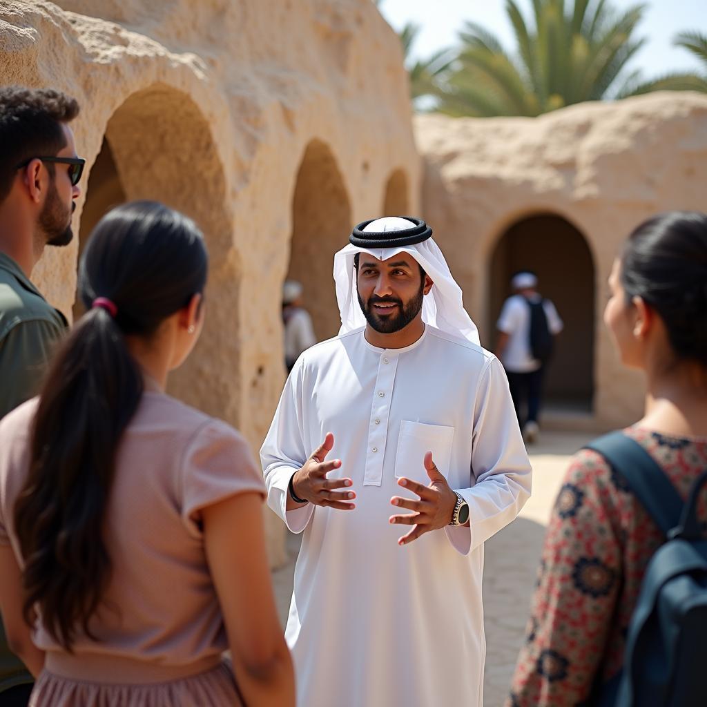 A tour guide explaining Emirati culture to a group of tourists